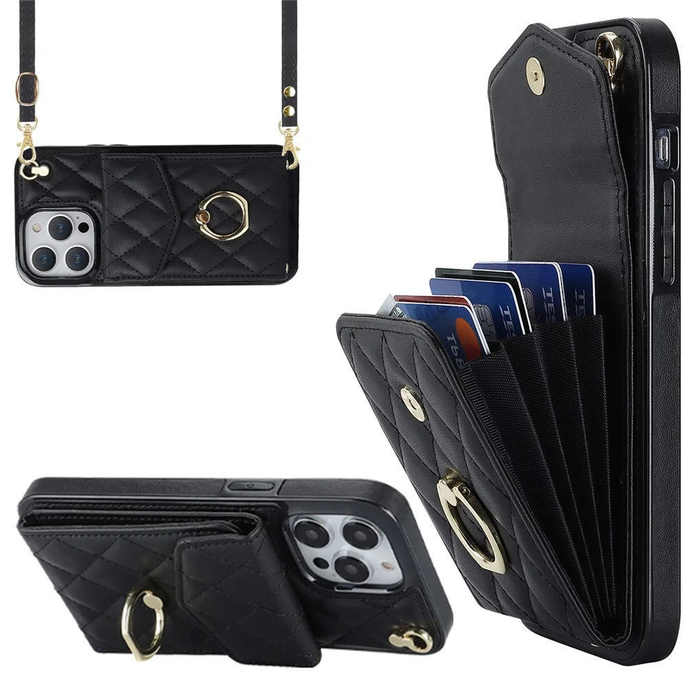 For iPhone 15 Pro RFID Blocking Back Case Multiple Card Slots PU Leather+TPU Phone Cover with Ring Kickstand - Black - 1