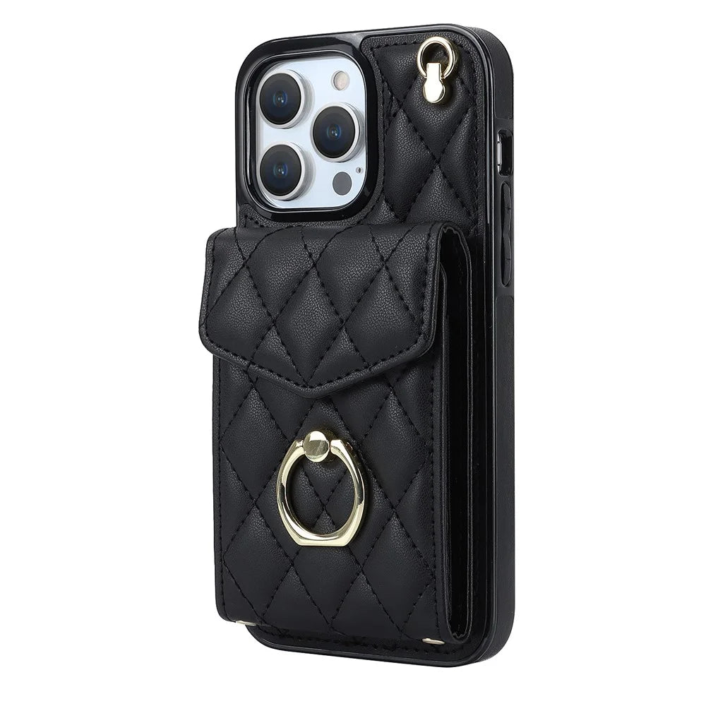 For iPhone 15 Pro RFID Blocking Back Case Multiple Card Slots PU Leather+TPU Phone Cover with Ring Kickstand - Black - 2