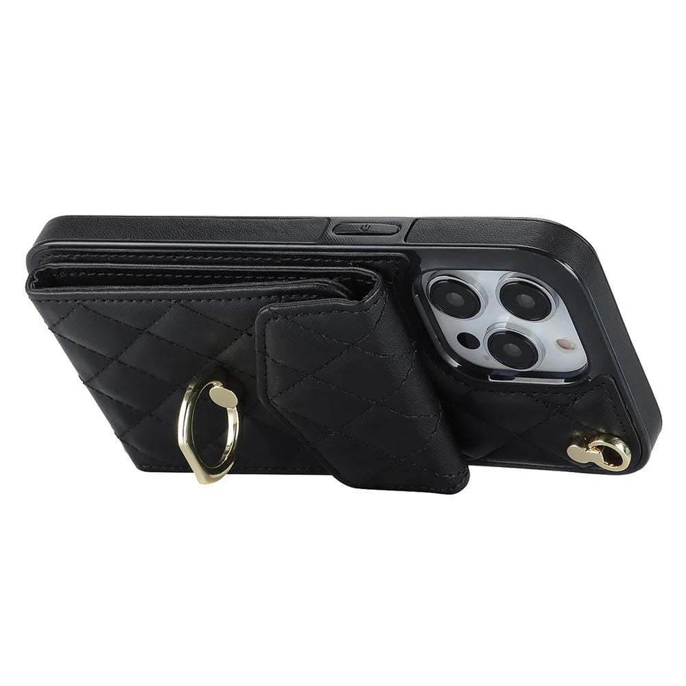 For iPhone 15 Pro RFID Blocking Back Case Multiple Card Slots PU Leather+TPU Phone Cover with Ring Kickstand - Black - 3