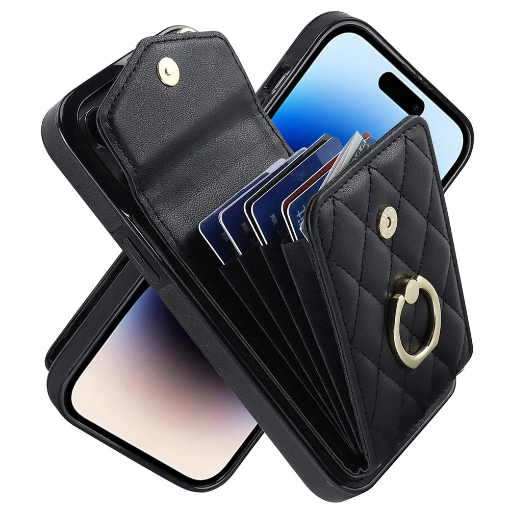 For iPhone 15 Pro RFID Blocking Back Case Multiple Card Slots PU Leather+TPU Phone Cover with Ring Kickstand - Black - 4