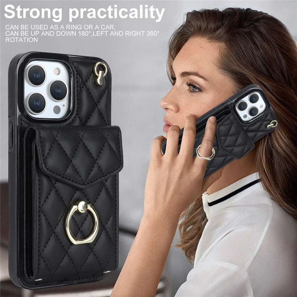 For iPhone 15 Pro RFID Blocking Back Case Multiple Card Slots PU Leather+TPU Phone Cover with Ring Kickstand - Black - 5