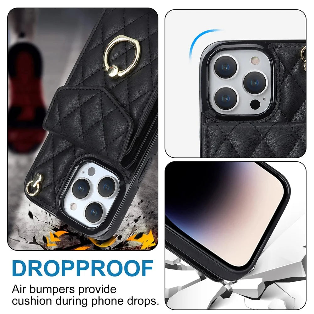 For iPhone 15 Pro RFID Blocking Back Case Multiple Card Slots PU Leather+TPU Phone Cover with Ring Kickstand - Black - 6