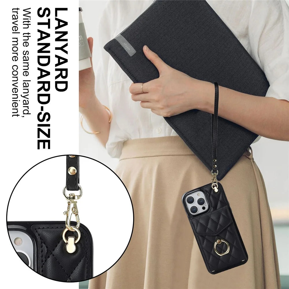 For iPhone 15 Pro RFID Blocking Back Case Multiple Card Slots PU Leather+TPU Phone Cover with Ring Kickstand - Black - 7