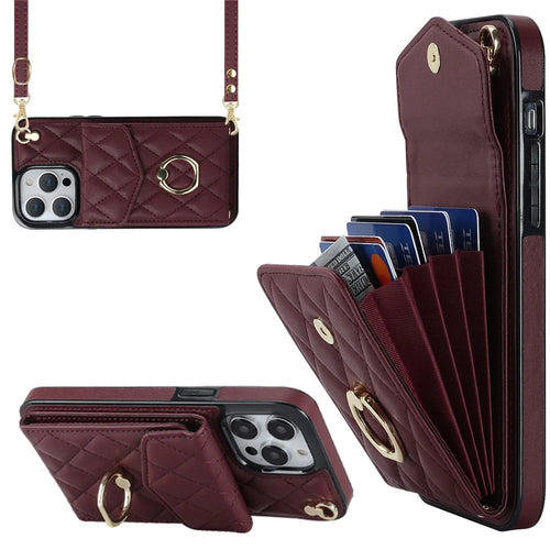 For iPhone 15 Pro Max RFID Blocking Shockproof Case Multiple Card Slots Ring Kickstand PU Leather+TPU Phone Cover - Wine Red - 1