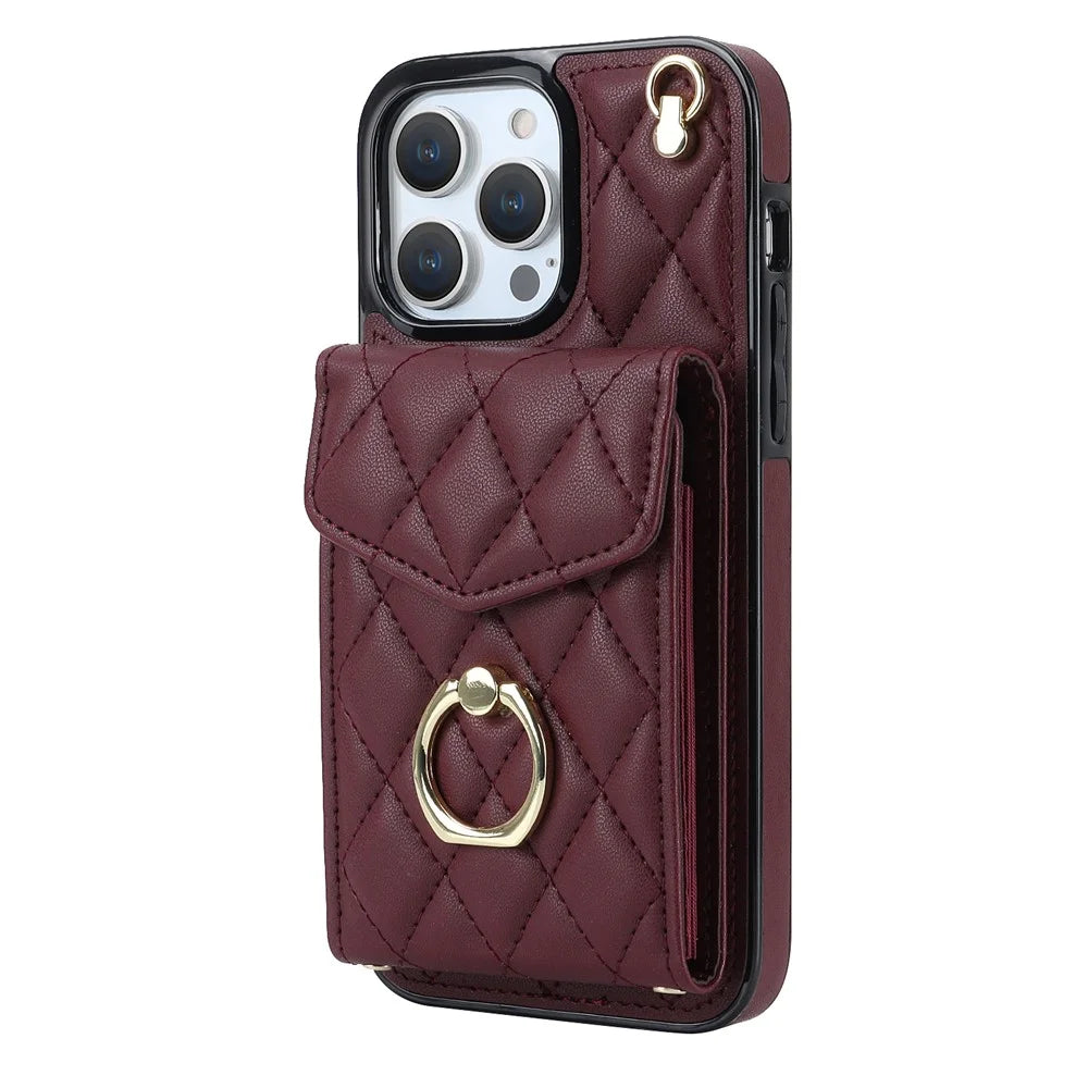 For iPhone 15 Pro Max RFID Blocking Shockproof Case Multiple Card Slots Ring Kickstand PU Leather+TPU Phone Cover - Wine Red - 2