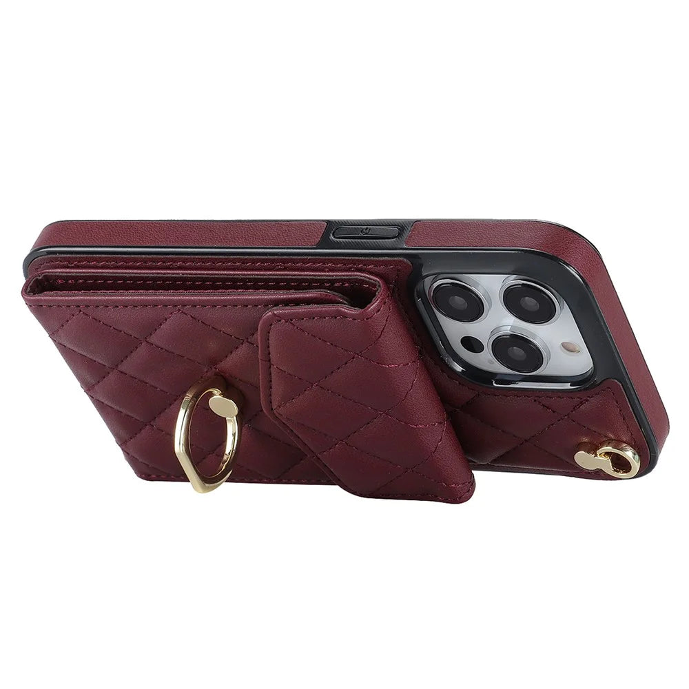 For iPhone 15 Pro Max RFID Blocking Shockproof Case Multiple Card Slots Ring Kickstand PU Leather+TPU Phone Cover - Wine Red - 3