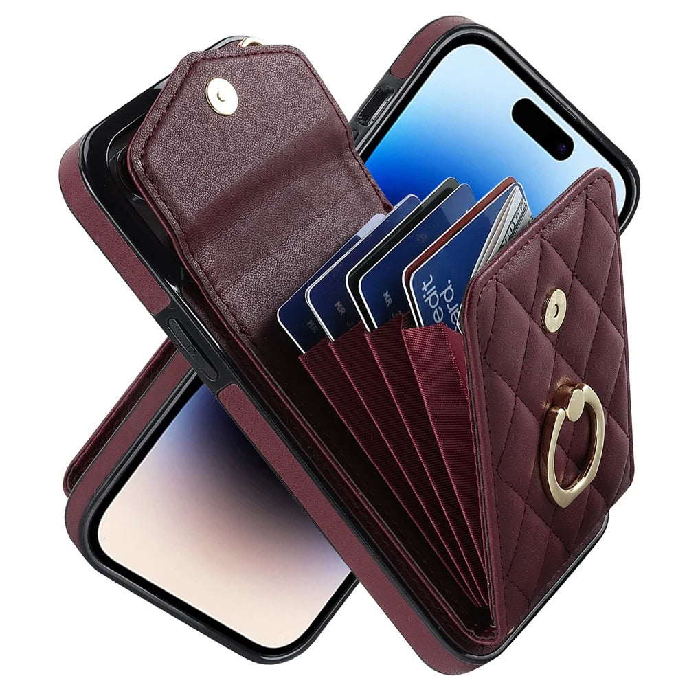For iPhone 15 Pro Max RFID Blocking Shockproof Case Multiple Card Slots Ring Kickstand PU Leather+TPU Phone Cover - Wine Red - 4