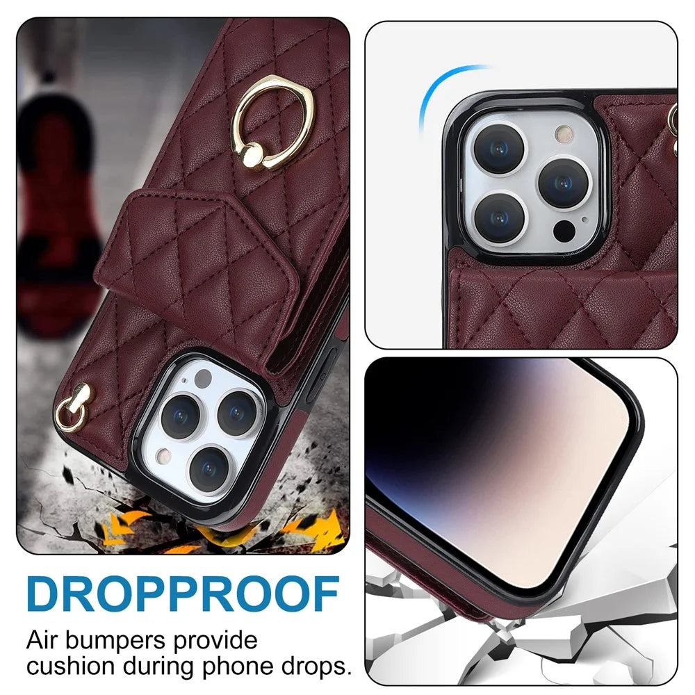 For iPhone 15 Pro Max RFID Blocking Shockproof Case Multiple Card Slots Ring Kickstand PU Leather+TPU Phone Cover - Wine Red - 6