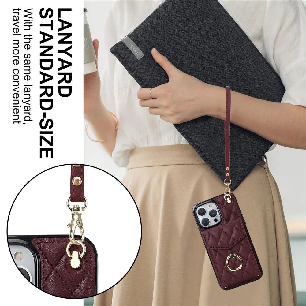 For iPhone 15 Pro Max RFID Blocking Shockproof Case Multiple Card Slots Ring Kickstand PU Leather+TPU Phone Cover - Wine Red - 7