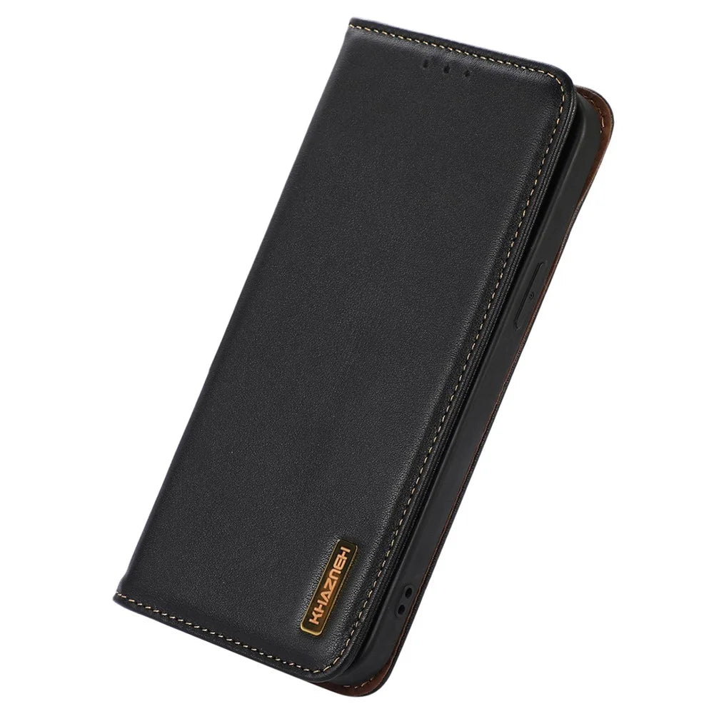 KHAZNEH For OnePlus Nord CE3 5G Genuine Cow Leather Phone Case Stand Cover RFID Blocking Wallet Shell - Black - 5