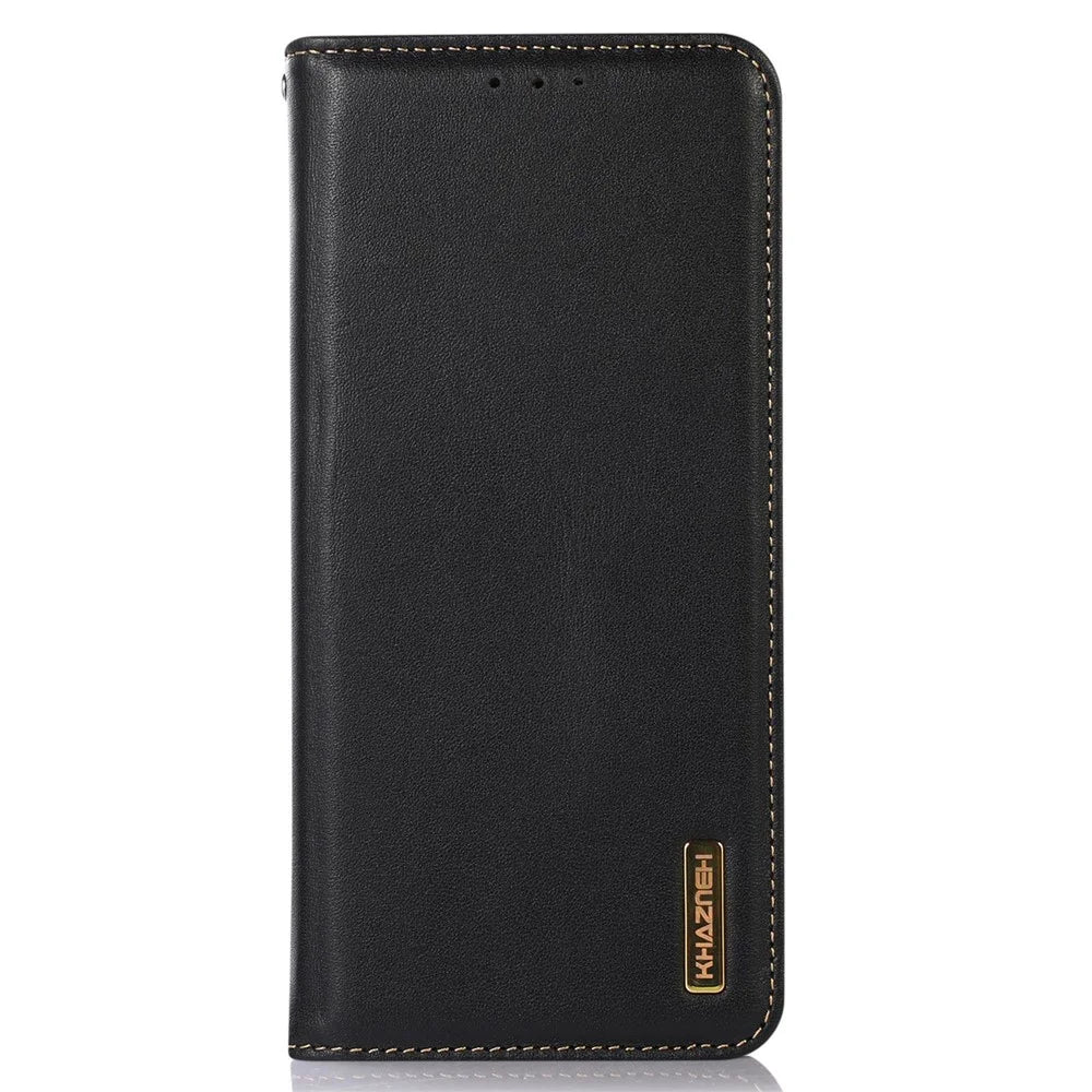 KHAZNEH For OnePlus Nord CE3 5G Genuine Cow Leather Phone Case Stand Cover RFID Blocking Wallet Shell - Black - 6