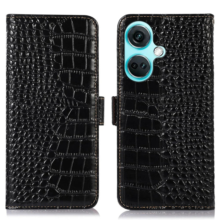 For OnePlus Nord CE3 5G Genuine Cow Leather RFID Blocking Wallet Cover Crocodile Texture Stand Phone Case - Black - 1