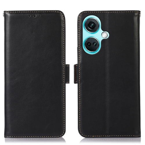 For OnePlus Nord CE3 5G RFID Blocking Wallet Stand Cover Genuine Cow Leather  Anti-drop Phone Case - Black - 1