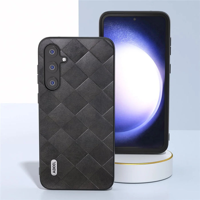 ABEEL For Samsung Galaxy S23 FE Grid Texture Anti-drop Case PU Leather Coated PC+TPU Phone Cover - Black - 4