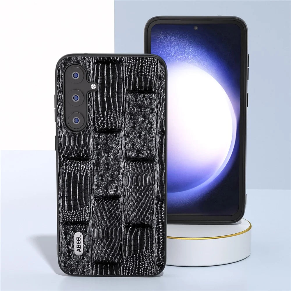 ABEEL For Samsung Galaxy S23 FE Mahjong Texture Anti-scratch Case Genuine Cow Leather+PC+TPU Cellphone Cover - Black - 4