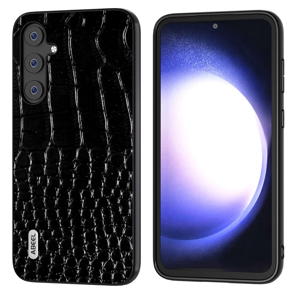 ABEEL For Samsung Galaxy S23 FE Crocodile Texture Genuine Cow Leather+PC+TPU Phone Case Shockproof Cover - Black - 1