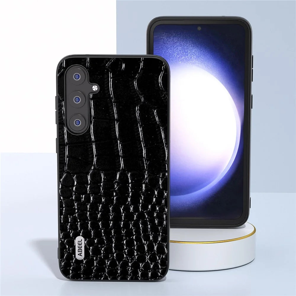 ABEEL For Samsung Galaxy S23 FE Crocodile Texture Genuine Cow Leather+PC+TPU Phone Case Shockproof Cover - Black - 4