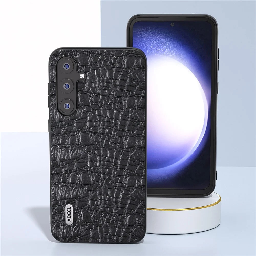 ABEEL For Samsung Galaxy S23 FE Genuine Cow Leather Coated PC+TPU Anti-scratch Cover Canopy Texture Phone Case - Black - 4