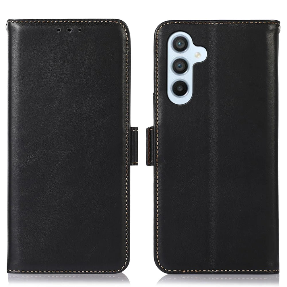 For Samsung Galaxy F34 5G / M34 5G RFID Blocking Wallet Stand Cover Genuine Cow Leather Shockproof Phone Case - Black - 1