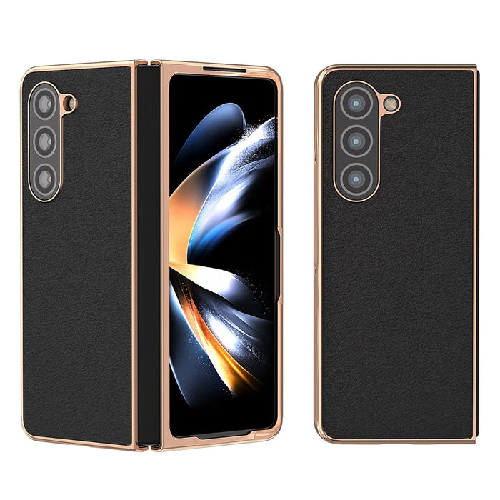 For Samsung Galaxy Z Fold5 5G Textured Genuine Cow Leather Coated PC Phone Case Electroplating Anti-Scratch Cover - Black - 1
