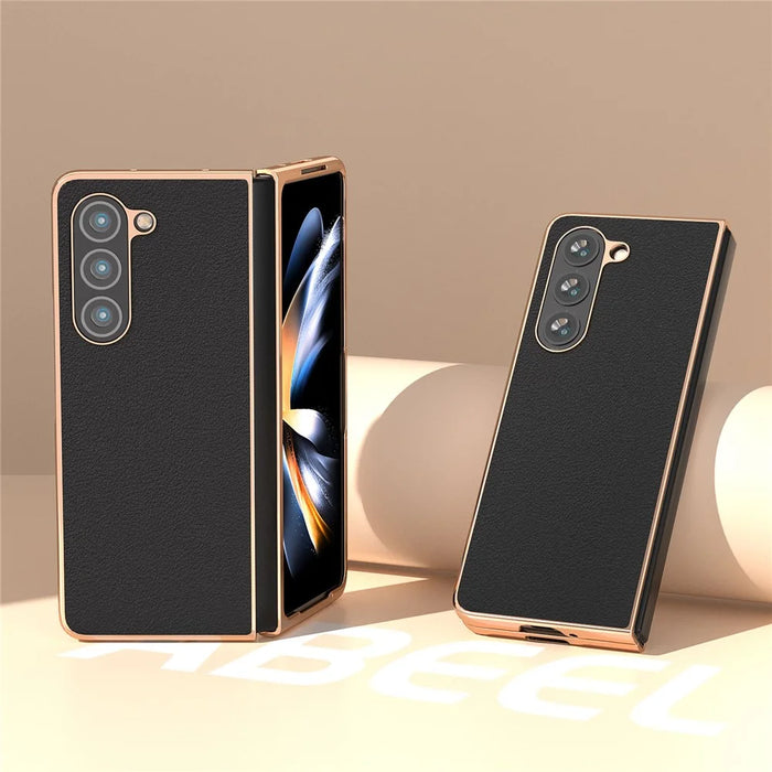 For Samsung Galaxy Z Fold5 5G Textured Genuine Cow Leather Coated PC Phone Case Electroplating Anti-Scratch Cover - Black - 2