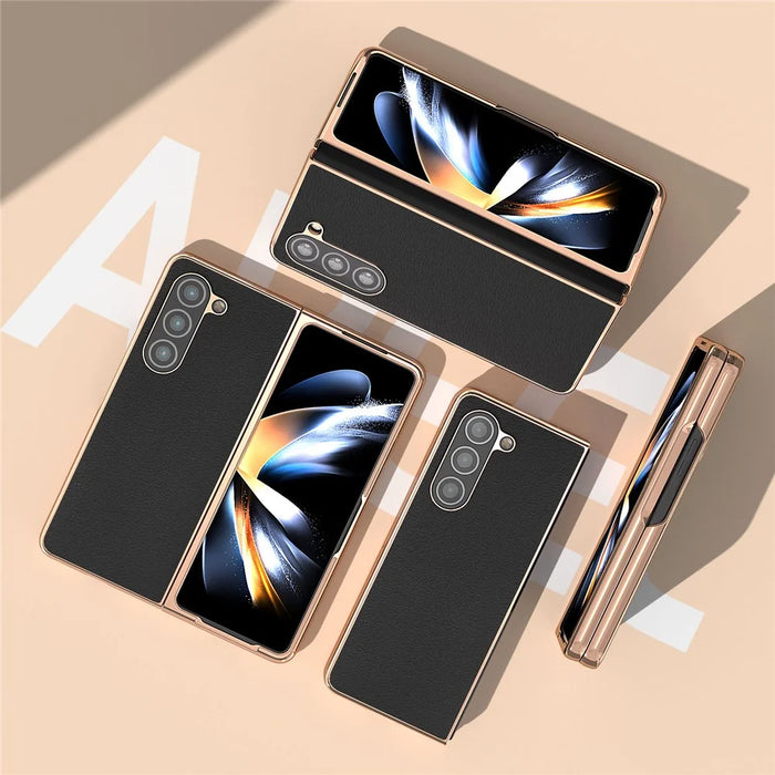 For Samsung Galaxy Z Fold5 5G Textured Genuine Cow Leather Coated PC Phone Case Electroplating Anti-Scratch Cover - Black - 4