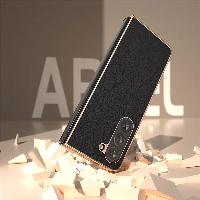 For Samsung Galaxy Z Fold5 5G Textured Genuine Cow Leather Coated PC Phone Case Electroplating Anti-Scratch Cover - Black - 5
