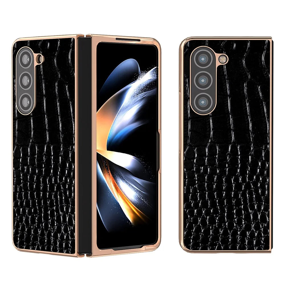 For Samsung Galaxy Z Fold5 5G Electroplating Protective Phone Case Genuine Cow Leather + PC Crocodile Texture Cover - Black - 1