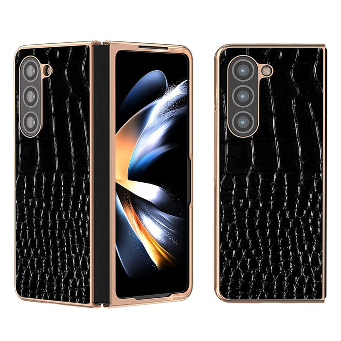 For Samsung Galaxy Z Fold5 5G Electroplating Protective Phone Case Genuine Cow Leather + PC Crocodile Texture Cover - Black - 1