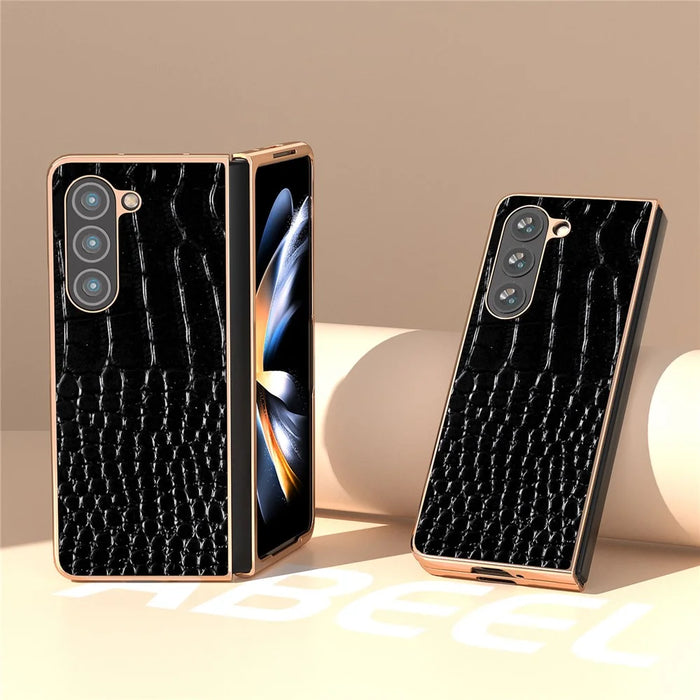 For Samsung Galaxy Z Fold5 5G Electroplating Protective Phone Case Genuine Cow Leather + PC Crocodile Texture Cover - Black - 2