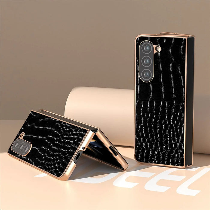 For Samsung Galaxy Z Fold5 5G Electroplating Protective Phone Case Genuine Cow Leather + PC Crocodile Texture Cover - Black - 3