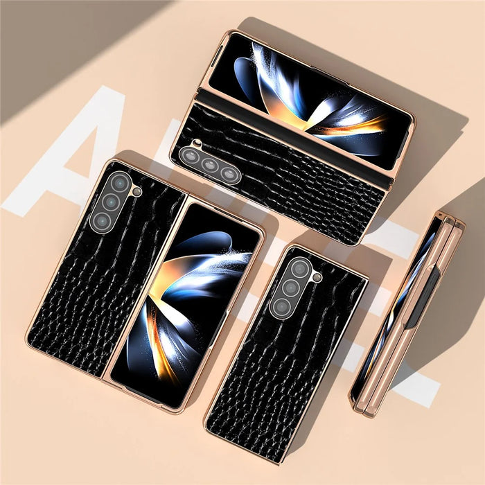 For Samsung Galaxy Z Fold5 5G Electroplating Protective Phone Case Genuine Cow Leather + PC Crocodile Texture Cover - Black - 4