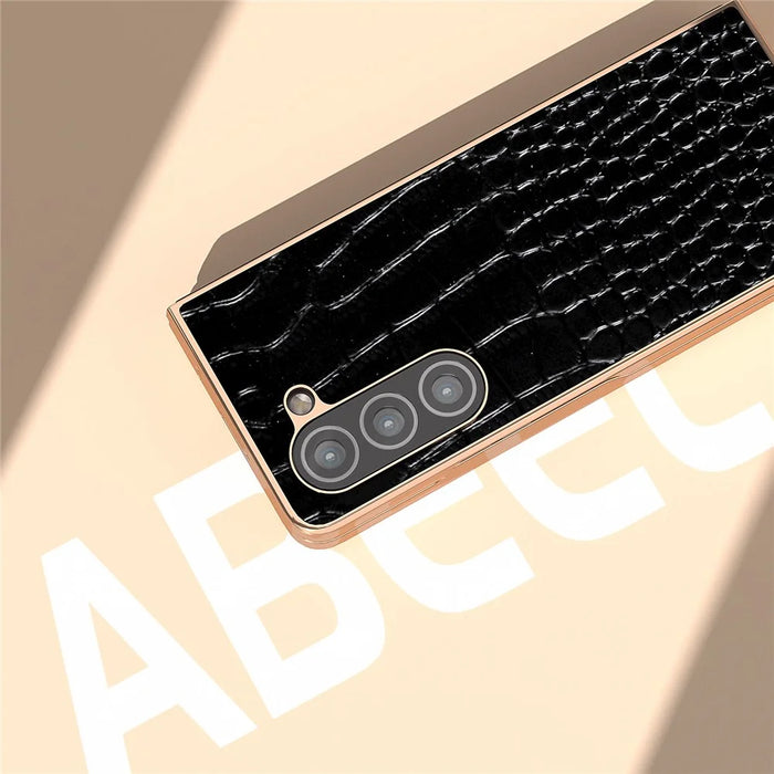 For Samsung Galaxy Z Fold5 5G Electroplating Protective Phone Case Genuine Cow Leather + PC Crocodile Texture Cover - Black - 6