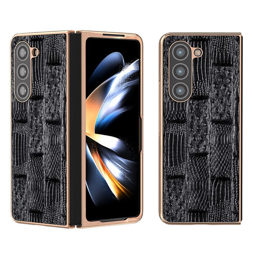 For Samsung Galaxy Z Fold5 5G Mahjong Texture Protective Cover Genuine Cow Leather + PC Electroplating Phone Case - Black - 1