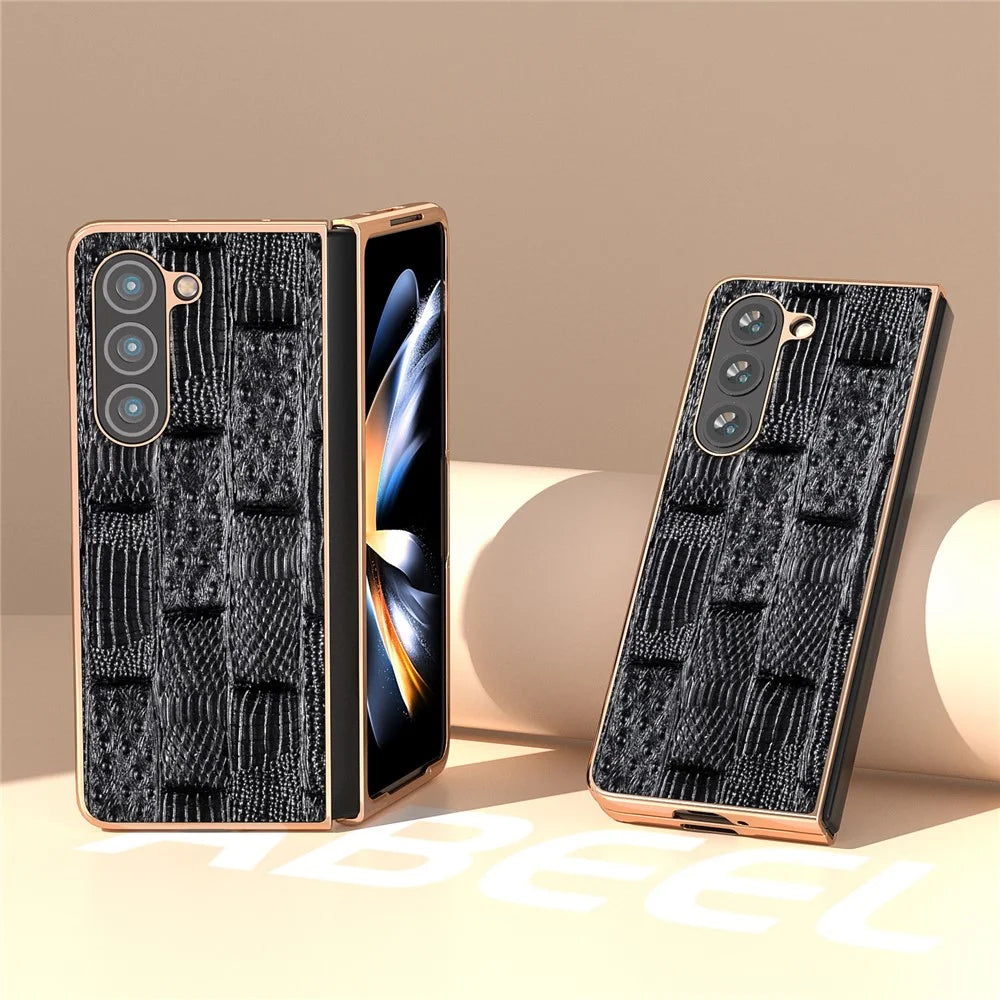 For Samsung Galaxy Z Fold5 5G Mahjong Texture Protective Cover Genuine Cow Leather + PC Electroplating Phone Case - Black - 2