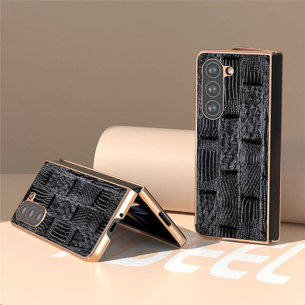 For Samsung Galaxy Z Fold5 5G Mahjong Texture Protective Cover Genuine Cow Leather + PC Electroplating Phone Case - Black - 3