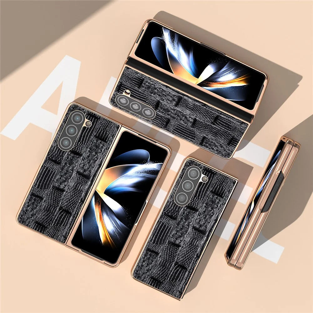 For Samsung Galaxy Z Fold5 5G Mahjong Texture Protective Cover Genuine Cow Leather + PC Electroplating Phone Case - Black - 4