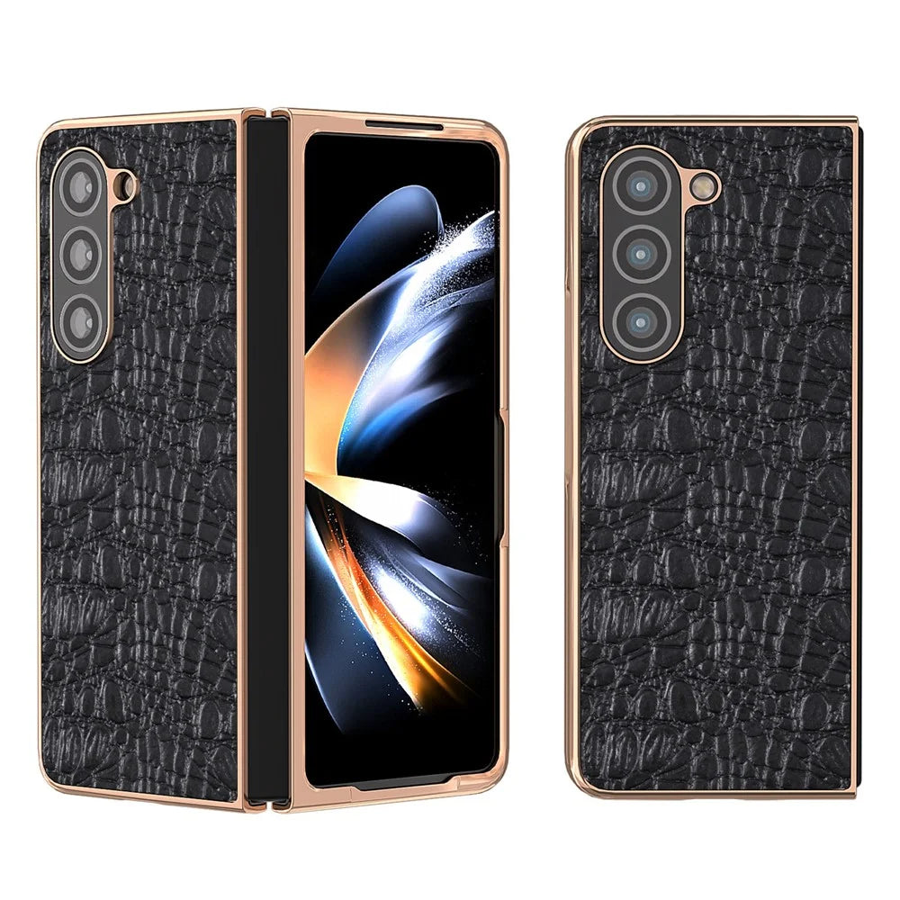 For Samsung Galaxy Z Fold5 5G Phone Case Genuine Cow Leather + PC Canopy Texture Electroplating Cover - Black - 1