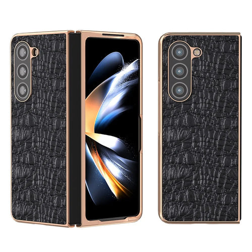 For Samsung Galaxy Z Fold5 5G Phone Case Genuine Cow Leather + PC Canopy Texture Electroplating Cover - Black - 1