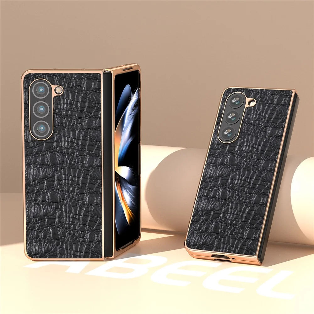For Samsung Galaxy Z Fold5 5G Phone Case Genuine Cow Leather + PC Canopy Texture Electroplating Cover - Black - 2