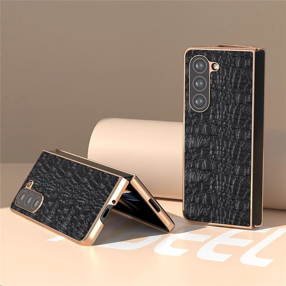 For Samsung Galaxy Z Fold5 5G Phone Case Genuine Cow Leather + PC Canopy Texture Electroplating Cover - Black - 3
