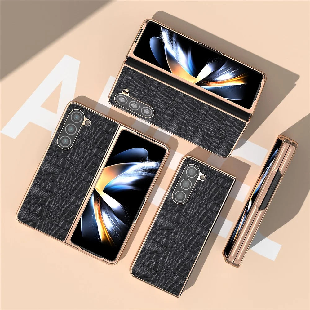 For Samsung Galaxy Z Fold5 5G Phone Case Genuine Cow Leather + PC Canopy Texture Electroplating Cover - Black - 4
