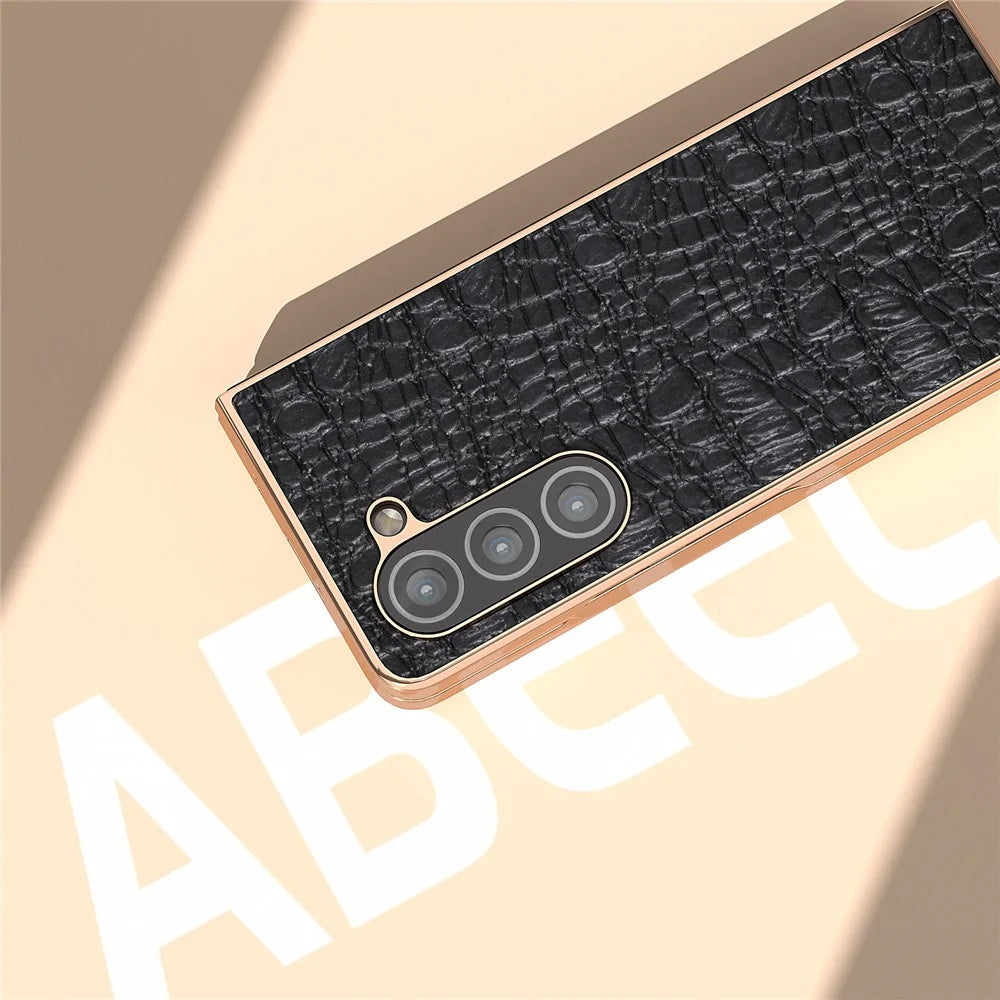 For Samsung Galaxy Z Fold5 5G Phone Case Genuine Cow Leather + PC Canopy Texture Electroplating Cover - Black - 6