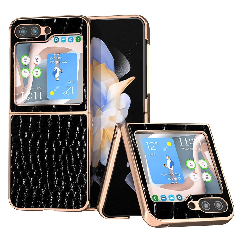 For Samsung Galaxy Z Flip5 5G Electroplating Phone Case Crocodile Texture Genuine Cow Leather Coated PC Cover - Black - 1