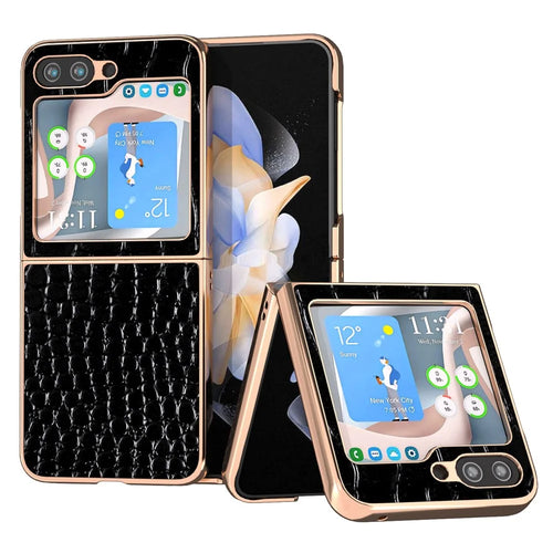 For Samsung Galaxy Z Flip5 5G Electroplating Phone Case Crocodile Texture Genuine Cow Leather Coated PC Cover - Black - 1