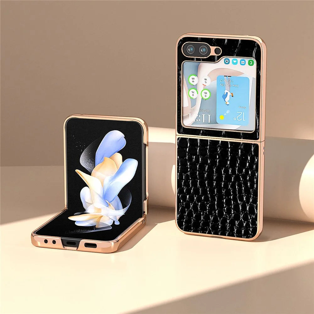 For Samsung Galaxy Z Flip5 5G Electroplating Phone Case Crocodile Texture Genuine Cow Leather Coated PC Cover - Black - 2