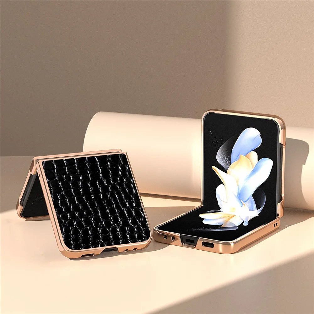 For Samsung Galaxy Z Flip5 5G Electroplating Phone Case Crocodile Texture Genuine Cow Leather Coated PC Cover - Black - 3