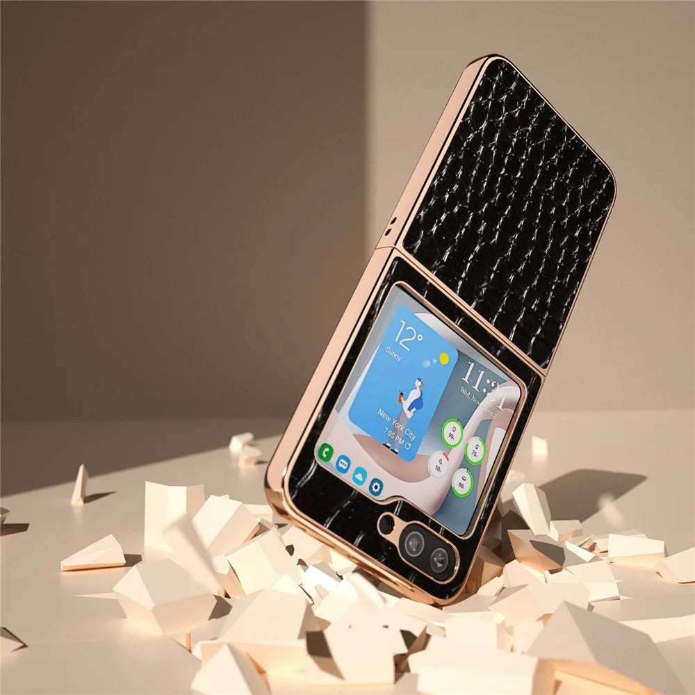 For Samsung Galaxy Z Flip5 5G Electroplating Phone Case Crocodile Texture Genuine Cow Leather Coated PC Cover - Black - 4