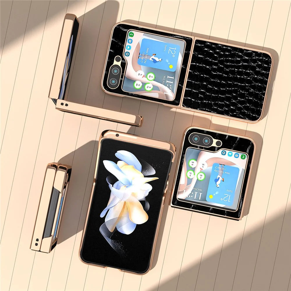 For Samsung Galaxy Z Flip5 5G Electroplating Phone Case Crocodile Texture Genuine Cow Leather Coated PC Cover - Black - 6