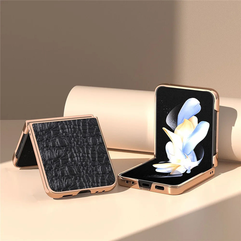 For Samsung Galaxy Z Flip5 5G Genuine Cow Leather Coated PC Case Canopy Texture Electroplating Phone Cover - Black - 3